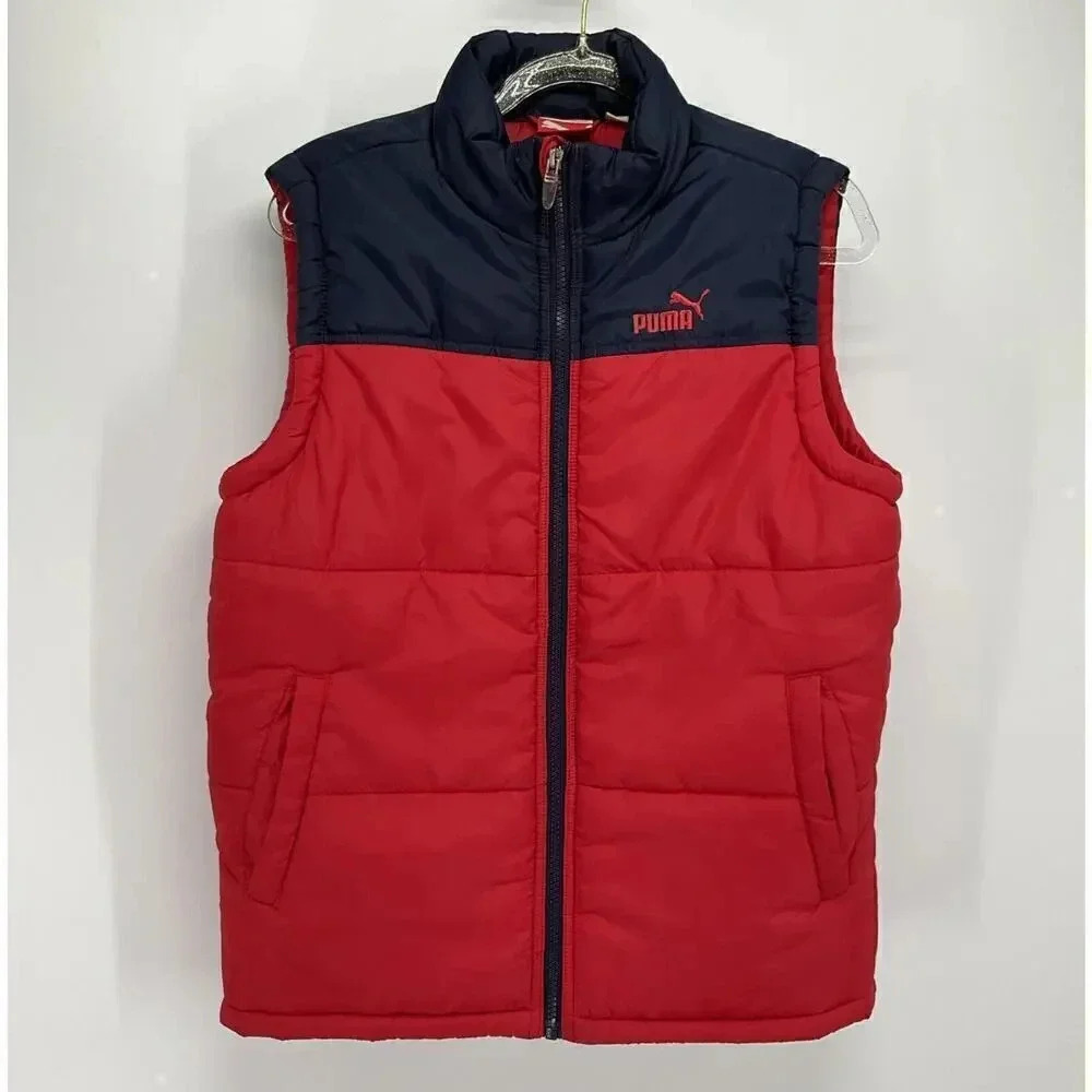 Puma Boys Puffer Vest Size Medium Red Navy‎ Blue Sleeveless Jacket Youth 10-12